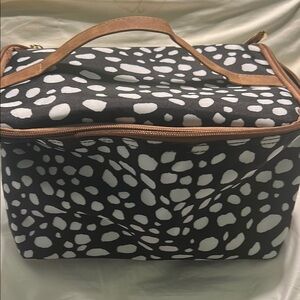 Black and White Polka Dot Cosmetic Bag with Leather Handle